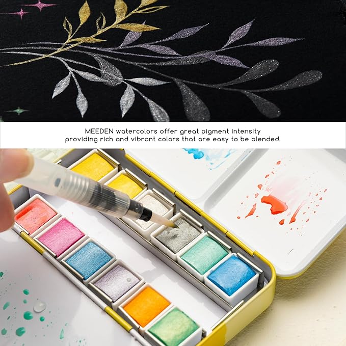 MEEDEN Metallic Watercolor Paint Set : 12 Colors Travel Watercolor Set with Brush in Half Pans - Portable Watercolor Paints for Adults & Artist
