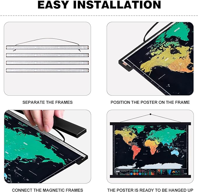 Magnetic Poster Hanger, 37x28 37x40 37x25 Poster Frame Wood Wooden Magnet Print Posters Dowel Scroll Hanger Hangers Hanging Kit for Walls Map Canvas Artwork (Black, 37")