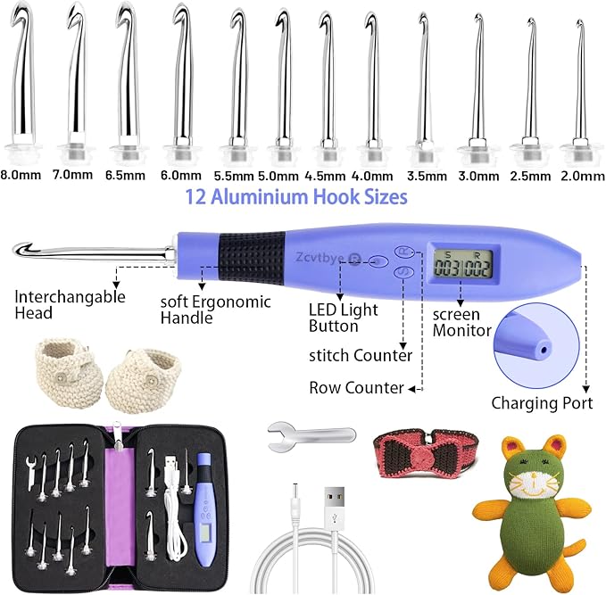 Counting Crochet Hook Set with Case – 12 Sizes Interchangeable Metal Heads (2.0–8.0mm), Rechargeable Light Up Crochet Hook with Digital Counter, Ergonomic Crochet Hooks Kit for Beginners & Experts