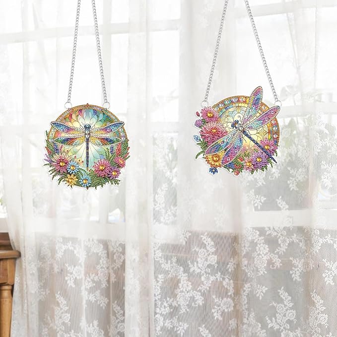 2 Pack 5D DIY Diamond Painting Pendants – Dragonfly & Flower Hanging Ornaments, Irregular Diamonds, Acrylic Wall & Window Decor, Handmade Gift Craft Kits
