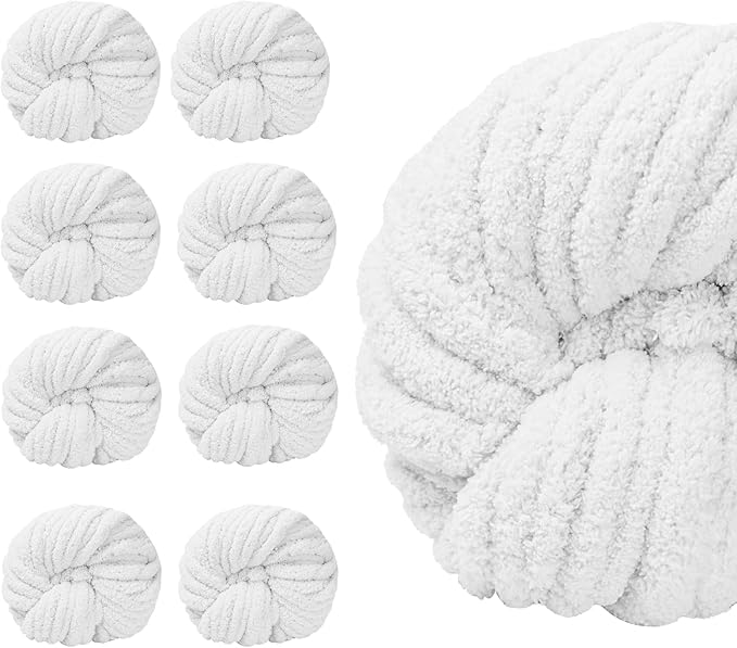 SUNTQ 8 Pack Jumbo Chunky Chenille Yarn for Crocheting, Bulky Thick Fluffy Yarn for Hand Knitting Blanket, Soft Plush Knitting Yarn for Cushions, Pet Bed, Home Decor, White(32 yds,8.8 oz Each Skein)