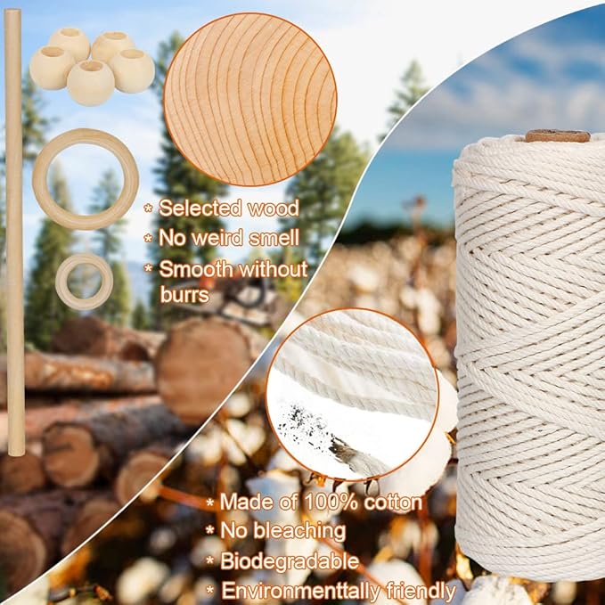 UHAPEER Macrame Kits for Adults Beginners with 656 Feet 3 mm Macrame Cotton Cord, DIY Macrame Plant Hanger Kit with Macrame Supplies and Instructions, Macrame Meads, Wooden Rings, Dream Catcher Rings