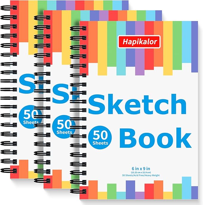 drawing pad for kids, sketch pads 50 sheets, 3-pack kids travel activities spiral bound drawing books bulk 6" x 9 ", drawing paper for kid 9-12