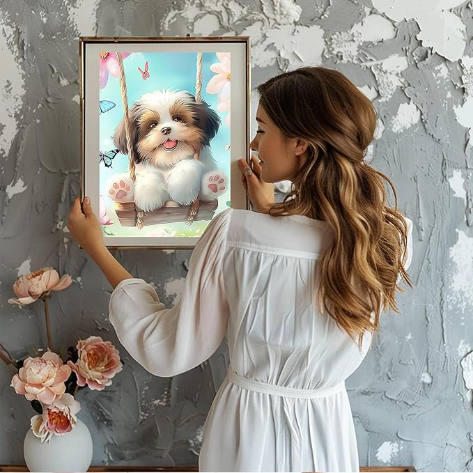 NAIMOER Puppy Diamond Painting Kits for Adults, DIY 5D Diamond Painting Dog Play on the Swing, Full Drill Diamond Art Kits Holiday Art Pictures Perfect for Home Wall Decor 30x40cm