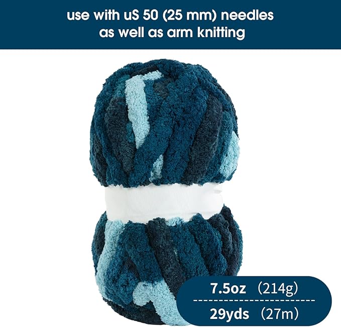 HOMBYS Chunky Tie Dye Mix Chenille Yarn for Hand Knitting, Super Bulky Jumbo Yarn for Crocheting, 3/4" Thick Soft Plush Yarn for Blankets, 8 Skein Pack (26 yds / 7.5 oz Each) Blue