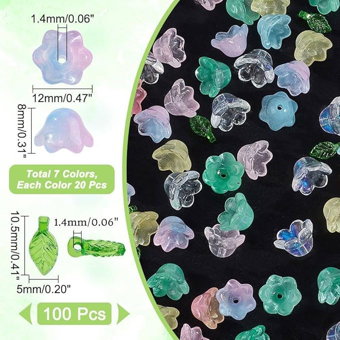 NBEADS 240 Pcs Glass Bell Flower Beads Kits, Lily Flower Glass Beads Leaf Shape Acrylic Beads for DIY Jewelry Making Beading Projects Bracelets Necklaces Earrings, Hole: 1.4mm