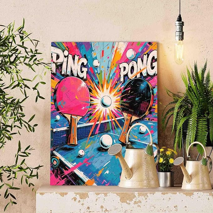 Table Tennis Paint by Number for Adults Beginner Colorful Ball Sports Paint by Number Kits on Canvas Simple Painting DIY Acrylic Paintwork Home Wall Decor for Sports Lovers 16"x20"(DIY Frame)