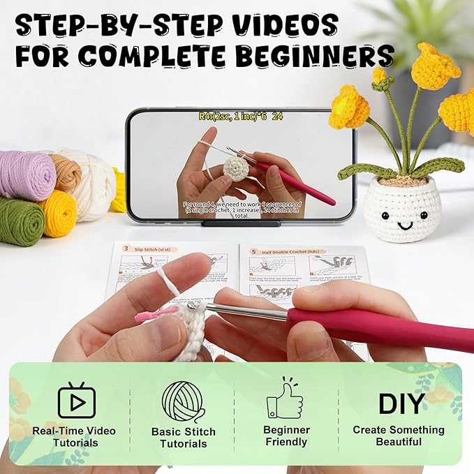 Totiro Crochet Kit for Beginners, Potted Flower Amigurumi Starter Kit, Easy DIY Arts & Craft Set with Step-by-Step Video Tutorials, Crochet Pattern Learning Kit for Teens Adults Birthday Gift