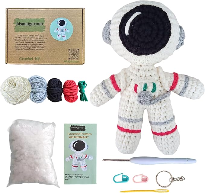 Astronaut Crochet Kit for Beginners, Amigurumi Crocheting Kit with Step by Step Video Tutorial, Crochet Kits for Adults & Kids, Easy to Learn for Ideal Christmas Gift for Adults, Extra%40 Yarn