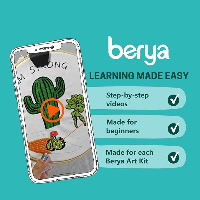 BERYA Funny Cactus Embroidery Kit with Embroidery Hoop, Easy Embroidery Kit for Beginners, Include Instructions, Display Stand, Printed Cloth, Threads and Tools - with Video Tutorials (BEC004)