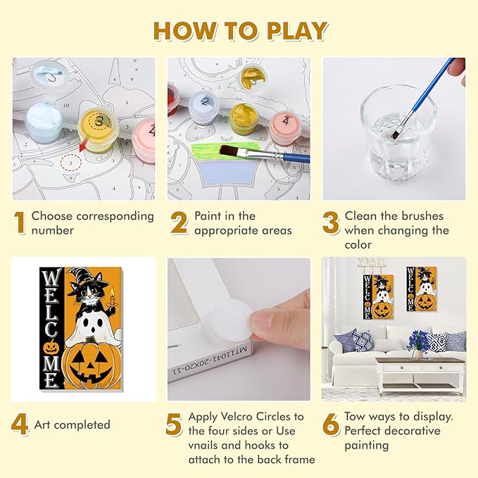 Bowetile Halloween Framed Paint by Numbers for Adults Kids, Adults' Paint-by-Number Cat Kits on Canvas, Easy Acrylic Pumpkin Number Painting Ghost Crafts Kits Halloween Gifts for Home Decor, 8x12in