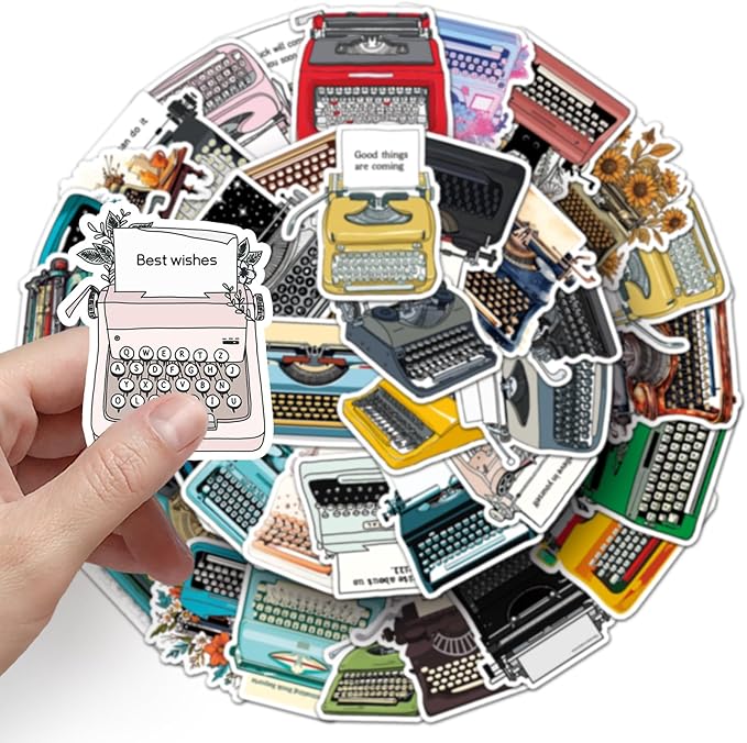 Retro Typewriter Stickers for Scrapbooking,50pcs Vintage Typewriter Decals, Waterproof Vinyl Stickers for Journals, Laptops, Home Decor, Ideal for Kids Adults