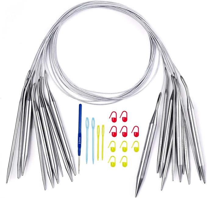 Circular Knitting Needles Set,10 Pack Round Long Stainless Steel Knitting Needles Kit (100cm),10 Sizes from 2.25mm-10.0mm,with Small Tools,for Beginners,Making Sweater,Scarf,Blanket
