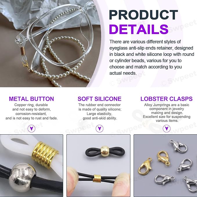 Swpeet 330Pcs Gold and Silver 3/4" Adjustable Silicone Eyeglass Chain Ends Spectacle End Connectors and 15/32" Stainless Steel Lobster Claw Clasps Kit, Bracelet Necklace Clasps Anti Spring Connector