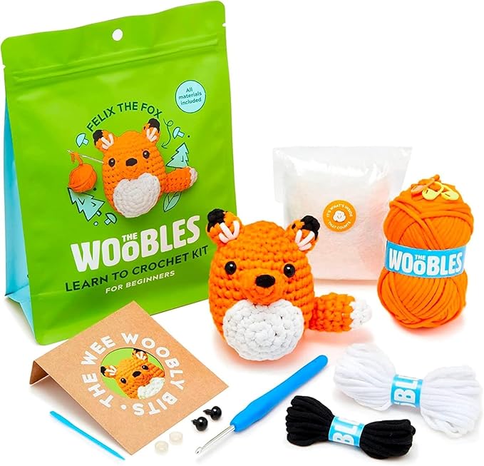 the woobles crochet kit for beginners - easy arts and crafts knitting & crochet animals kit as seen on shark tank - felix the fox
