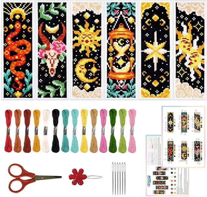 ORIGACH 6 Pcs Cross Stitch Bookmark Kit for Beginner Adults, Tarot The Sun and Star Stamped Embroidery Bookmark Kit with Instruction for Starters Printed Cross Stitch DIY Kits for Book Lovers