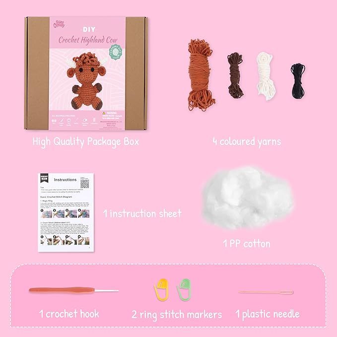 HOUSE CREATIVITY Beginner Crochet Kit for Adults, Beginners Crocheting Knitting Kit with Yarn Sets, Step-by-Step Video Tutorials,Animal Craft Kit, Holiday Birthday Gifts(Cows)