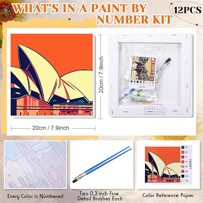 Nezyo 12 Sets Paint by Numbers Kit with Frame for Adult Beginners, Paint by Number DIY Acrylic Painting Canvas for Painting Party, Classroom Activity Birthday Gift, 8 x 8 Inch