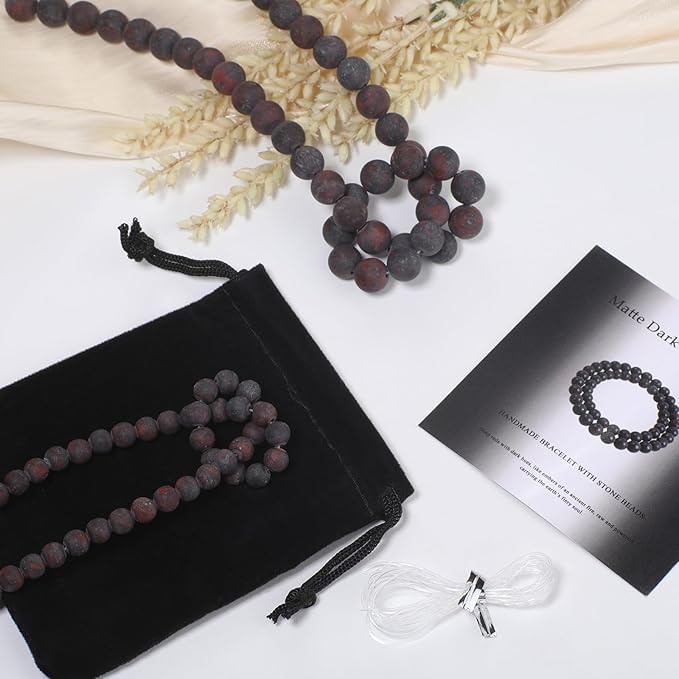 Stone Beads, 45pcs Matte Dark Red Garnet, 8mm Round Loose Beads for Jewelry Making, Bracelets, with Bag, String & Card