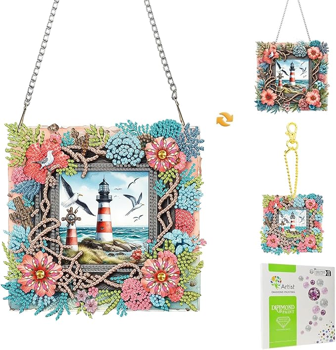 Masendp Hanging Diamond Art Decorative Kit 5D Diamond Painting Kit, DIY Lighthouse Landscape Theme Diamond Art Kit Suitable for Beginners and Adults, Home Wall Decoration
