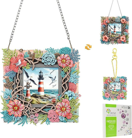 Masendp Hanging Diamond Art Decorative Kit 5D Diamond Painting Kit, DIY Lighthouse Landscape Theme Diamond Art Kit Suitable for Beginners and Adults, Home Wall Decoration