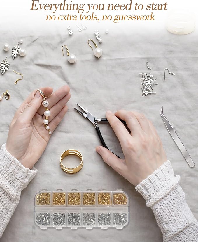 1200 PCS Jump Rings for Jewelry Making Supplies, Open Jump Rings Kit with Jump Ring Pliers & Tweezers, Gold & Silver Metal Split Rings for Necklace, Bracelet Repair & DIY Crafts