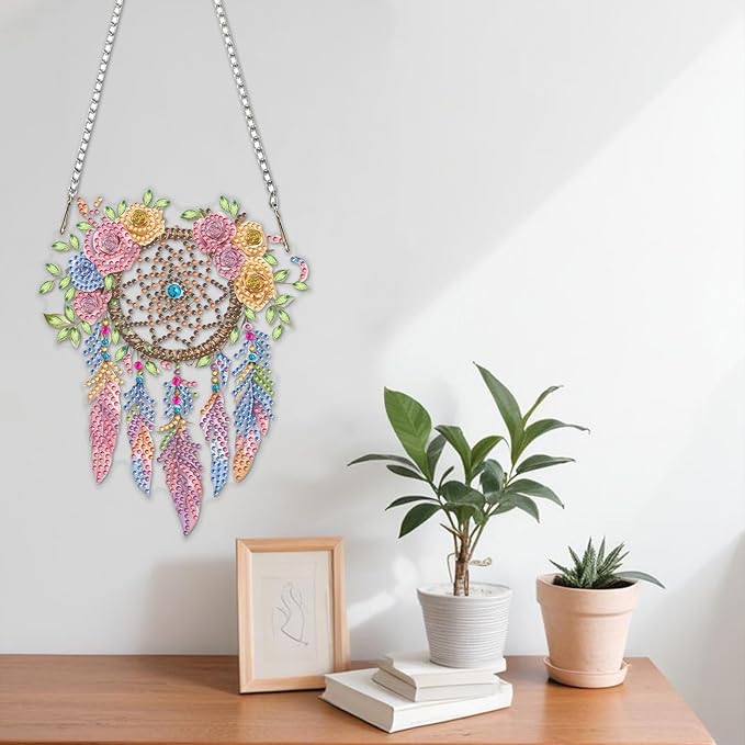 NAIMOER Diamond Art Hanging Kits for Adults Dream Catcher 5D Special Shaped Rhinestone, DIY Acrylic Diamond Art Painting Window Pendants Home Garden Wall Hanging Ornament Kits, Double Sided