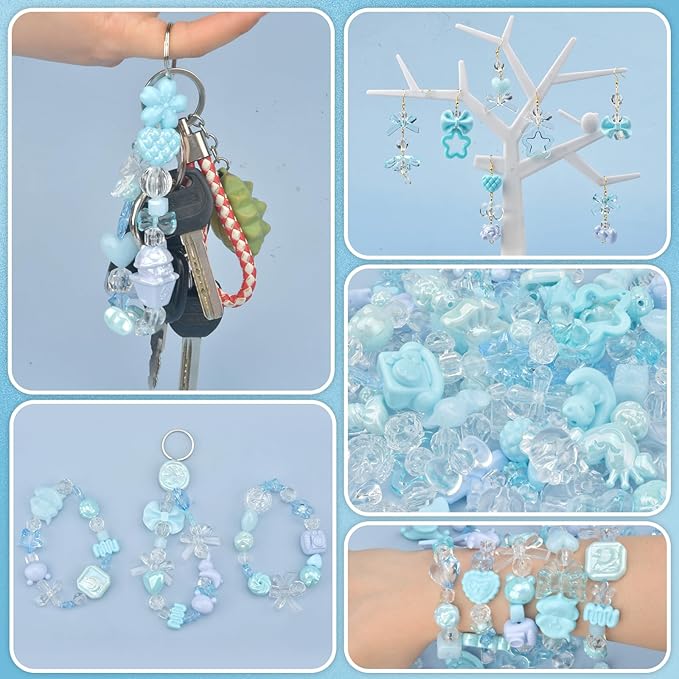 ABONDEVER 245-300Pcs Assorted Acrylic Beads for Bracelets Making Cute Star Bow Flower Candy Heart Gummy Bear Butterfly Beads for DIY Jewelry Crafts Keychain Necklace Phone Charms(Blue)