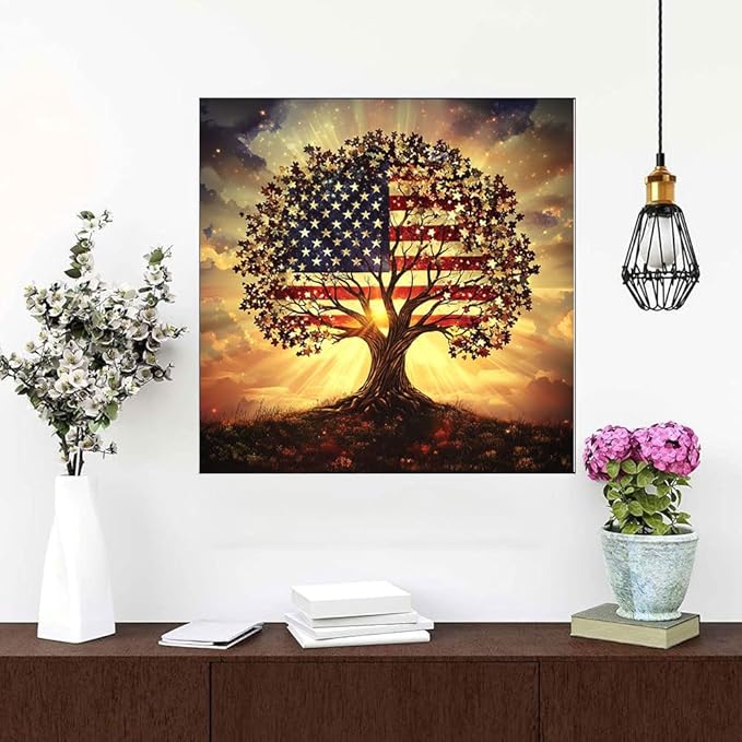WUSARPLY Ancient Tree Diamond Painting Kits for Adults, DIY American Flag Diamond Art Kits Full Drill Diamond Dots Paint with Diamonds Gem Arts and Crafts for Beginner Home Wall Decor