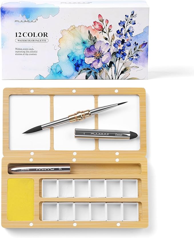 Travel Watercolor Palette Box, Fuumuui Burlywood Palette Kit with Cover, 12 Empty Removable Half-pan Grids, Dual Tip Travel Brushes, for Watercolor Gouache Color Mixing, Pure White Palette