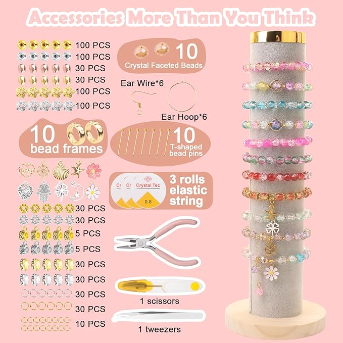 ufu 8mm glass beads bracelet making kit, 1540+ pcs 64 colors crackle glass beads for jewelry making, round crystal beads for bracelets necklace earrings diy crafts gifts