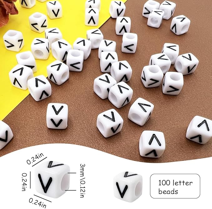 MIIIM 100pcs Pony Beads Letter V for Keychains Making, 6x6mm Large Hole Square Letter Beads for Bracelets Making, Alphabets, Numbers (White and Black)