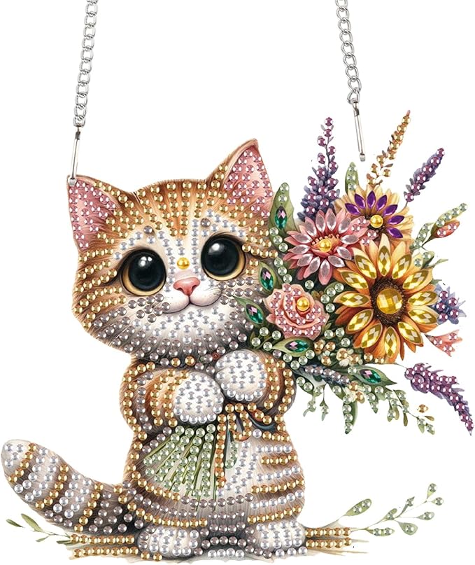 TDFERAN Diamond Art Hanging Pendants Cat Mosaic Making Kits by Kits Home Decoration Pendant Diamond Art Hanging Sign Onament Art Wind Chimes Hanging Pendants for Wall Home Decor