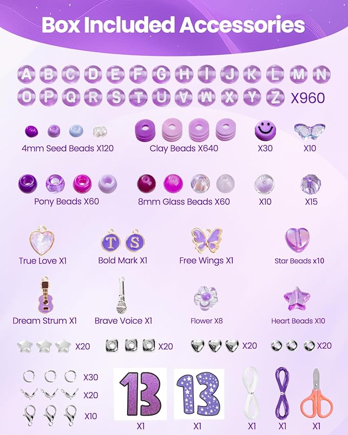 Goldwise Purple Era Inspired Bracelet Making Set for Fans, 2-Box Jewelry Craft Supplies with Glass, Clay & Seed Beads, Letter Beads and Symbolic Charms for Personalized Accessories