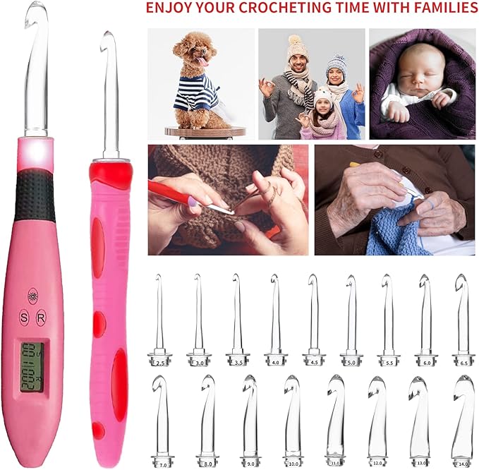 LOVE&WEAVING 17 Size Counting Crochet Hooks Set, Light Up Crochet Hooks for Stitch & Row Counter