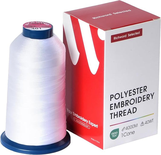 Poolin Embroidery Machine Thread Richword Selected White 4000M 40WT Polyester Embroidery Thread – Smooth, Strong Single Spool for Home & Commercial Machines 0401