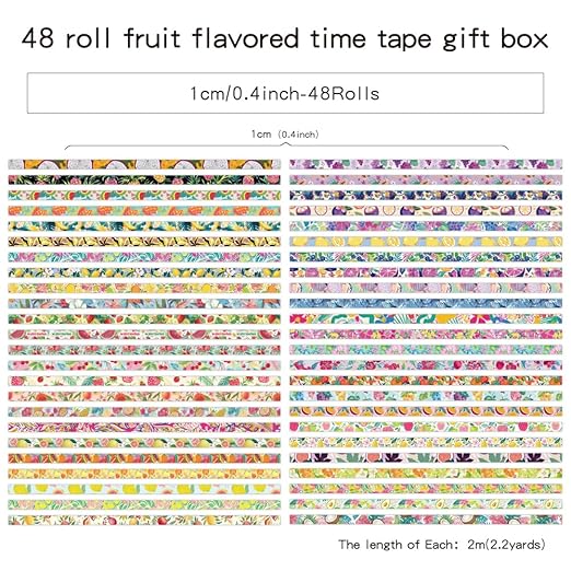 48 Rolls Fruit Theme Washi Tape Set, Writable Decorative Tapes for Scrapbooking, Junk Journal Supplies, Bullet Journaling, 0.39"x79" per Roll