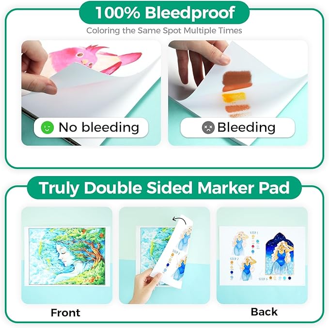 ohuhu double-sided marker pad art sketchbook bleedproof - 9"x12" large paper size - 90 lb/150 gsm smooth drawing paper - 60 sheets/120 pages, glue-bound sketching book for alcohol markers