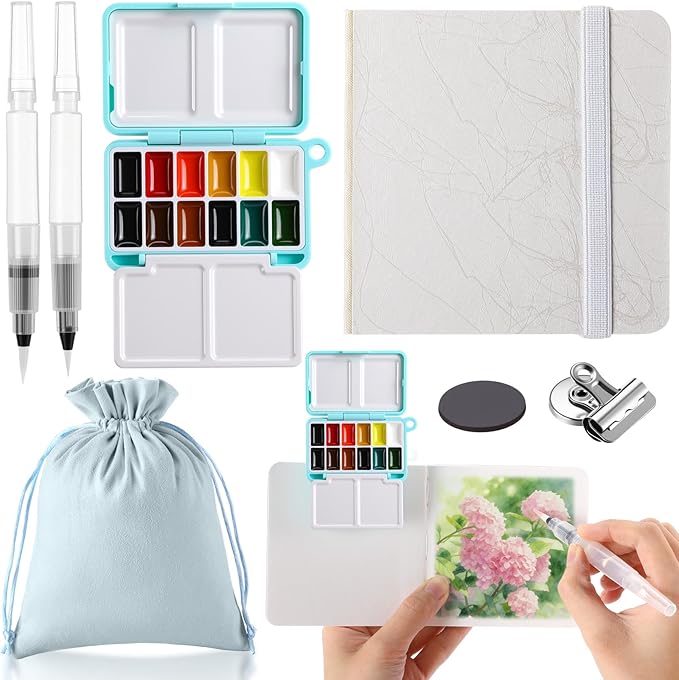 Qeeenar 7 Pcs Mini Watercolor Paint Set Portable Mini Paint Palette Travel Kit Pocket Water Color Set with Paints, Watercolor Book, Clip, Brush for Beginner Artists Amateur Hobbyist and Painting Lover