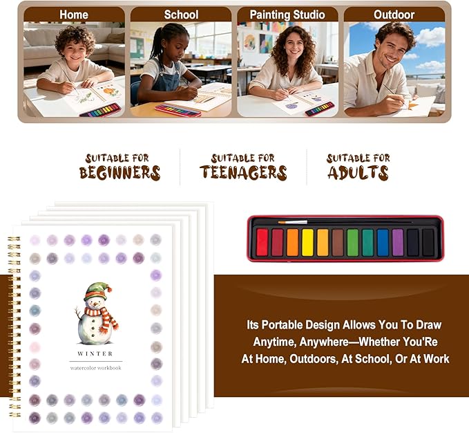 Christmas Watercolor Workbook for Adults, Beginner Friendly Watercolor Painting Kit Winter Water Coloring Book, Nature-Themed Practice Art Gift Water Color Paint Book with Palette and Brush