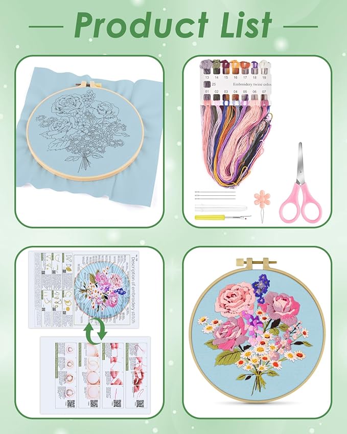 ERKOON Embroidery Kit for Beginners, Flower Cross Stitch Set for Include Embroidery Cloth Hoops Threads for Craft Lover Hand Stitch with Embroidery Skill Techniques (Bouquet)