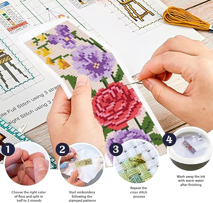 ORIGACH 6 Set Flower Cross Stitch Bookmark Kit for Beginners Red Rose Stamped Embroidery Kit Include Backing Felt and Instruction Beginner Cross Stitch Kits for Adults