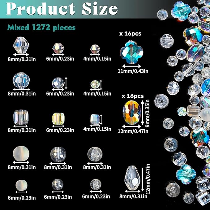 1272pcs glass beads for jewelry making, assorted crystal beads with loose beads for bracelet earring necklace suncatchers diy crafts jewelry making, ab color