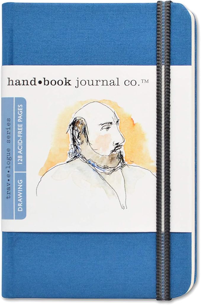 Handbook Journal Co. Sketch Book - Pocket Portrait 5.5 x 3.5 in Ultramarine European Linen-Bound Hard Cover, 128 Pages (64 Sheets) of 130 GSM Acid-Free Art Drawing Paper, Pocket and Elastic Closure