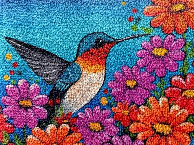 Generic Floral Hummingbird Latch Hook Kits Rug DIY Cushion Tapestry Making Crochet Hook Mat Making Kits Color Preprinted Pattern Canvas DIY Carpet Needlework Crochet Kits 52x38cm (f33-59)