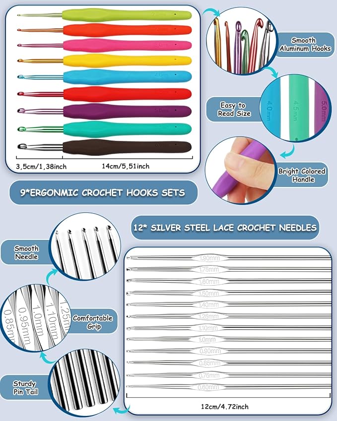 Aeelike Crochet Kit for Beginners with 15 Colors Yarn and Introduction Book, 71pcs Crochet Starter Kit Everything for Adult, Learn to Crochet Kit with Soft Grip Crochet Hooks and Blue Cat Bag