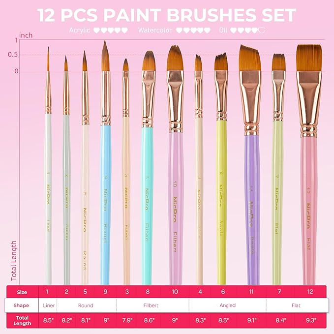 Nicpro 12pcs Artist Paint Brush Set, Aesthetic Pastel Paintbrushes Craft Paint Brushes for Acrylic Painting, Oil, Watercolor, Gouache, Tempera, Face, Body, Art Supplies for Artists and Beginners