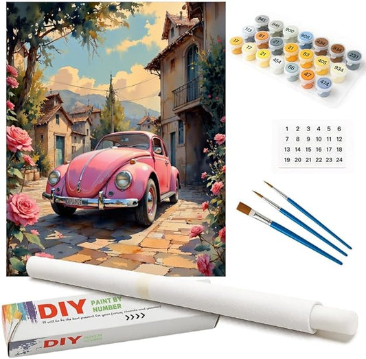 Vintage Car Paint by Numbers Kit for Adults – DIY Pink Retro Car in Street with Roses Painting on Rolled Canvas 16x20 Inches, Acrylic Paint Set for Beginners, Art for Home Decoration or Gifts