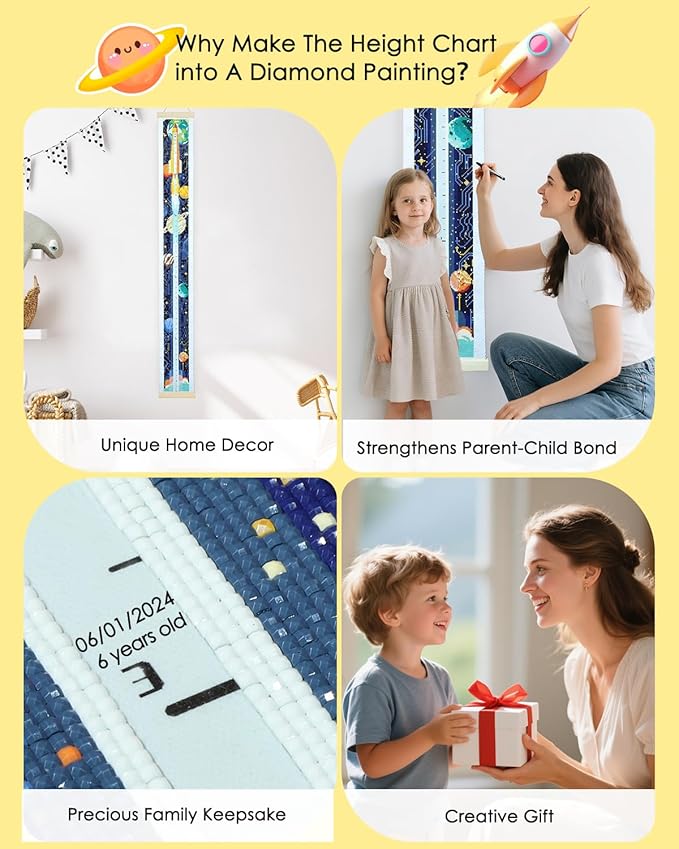 ForeverYoung DIY Growth Chart for Wall Diamond Art Kits for Kids Diamond Painting Kits for Adults, Square Drill Diamond Painting Kit, Gem Art Kit with Diamond Dots, Rocket Height Chart 52.3 x 5.1 Inch