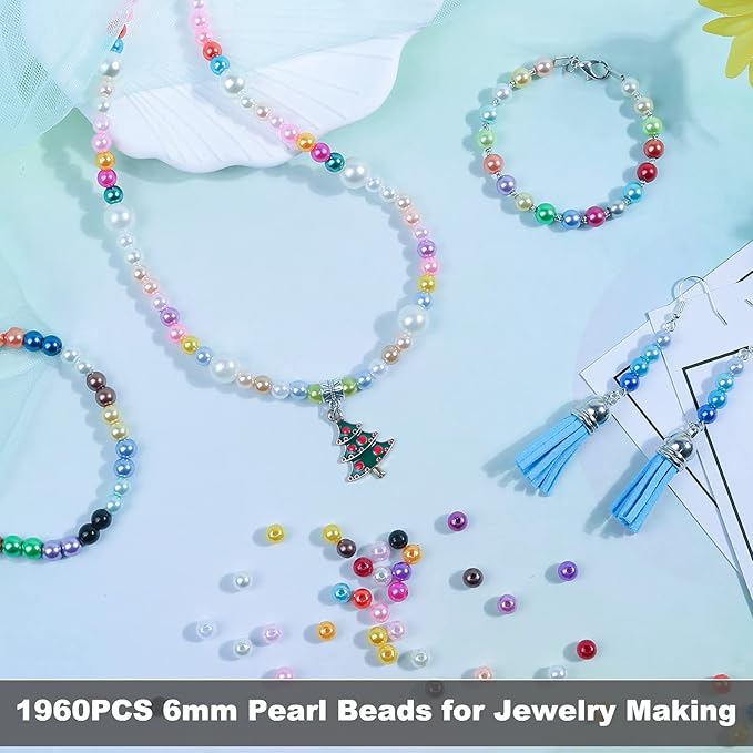 1960PCS Pearl Beads, 6mm 28 Colors Multicolor Loose Pearls for Crafts with Holes for Jewelry Making, Small Pearl Filler Beads for Crafting Bracelet Necklace Earrings